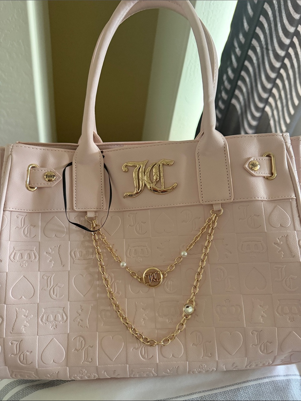 Juicy Couture Pale Pink Embossed Tote with Gold Chain Detail